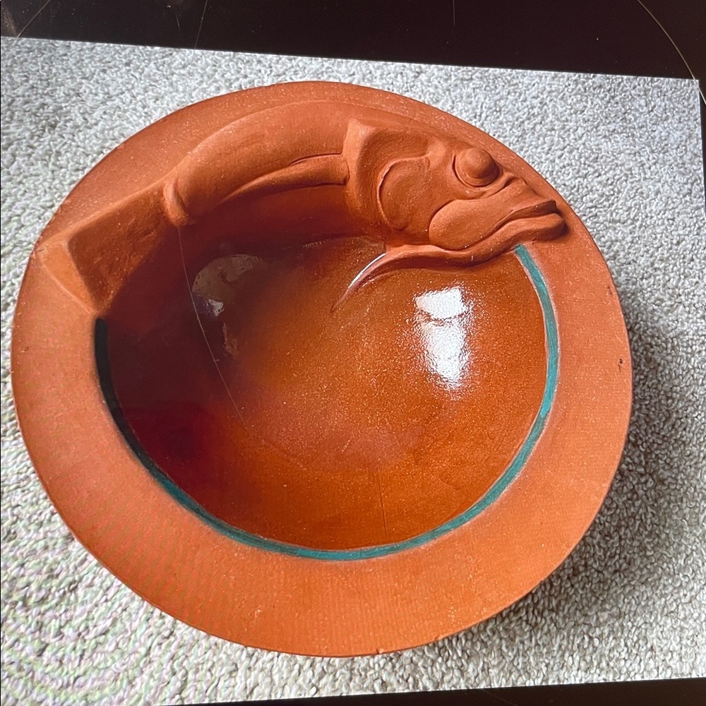 Vintage Terracotta Mexican Art Pottery fish bowl Artist Signed